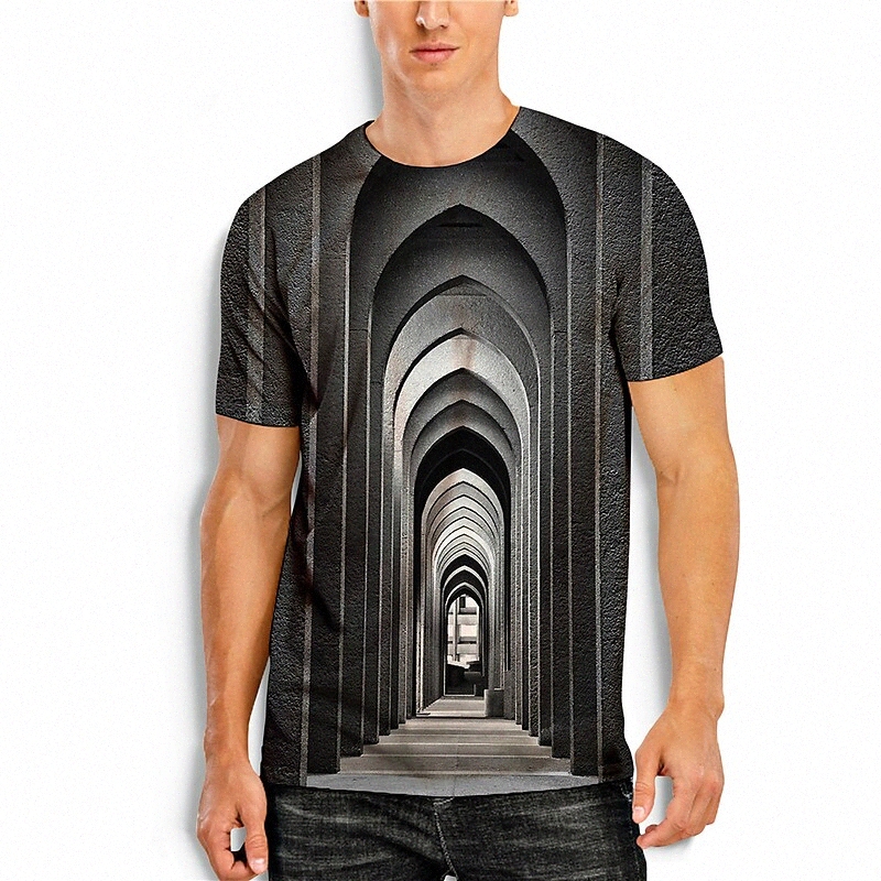 T-shirt quotidien des hommes 3D print géométrique 3D imprimé à manches courtes à manches courtes Casual rond gris gris / été e1yj #