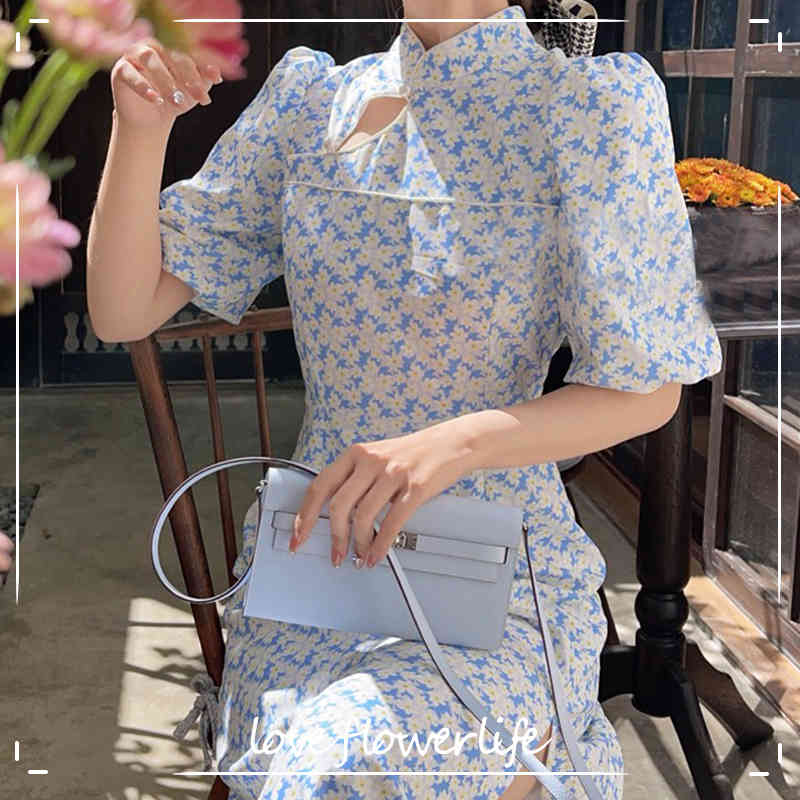 

Short Sleeve Elegant Sexy Dresses Women Floral Design Vintage Midi Dress Office Ladies Dress Korean Summer Chic 210521, Blue