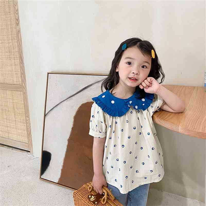 

Summer floral short sleeve doll collar blouses 1-7 years girls cotton turn-down casual Tops clothes 210708, Beige