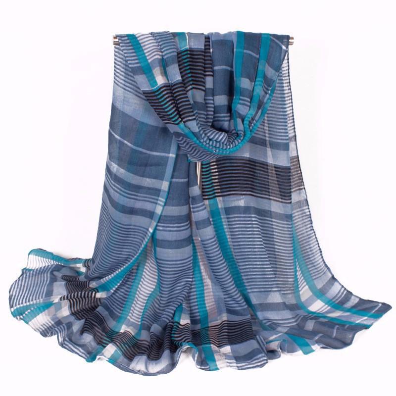 

Scarves Blue Striped Plaid Print Polyester Women Scarf Fashion Lightweight Large Long Sheer Shawl And Warps 180*110 Cm