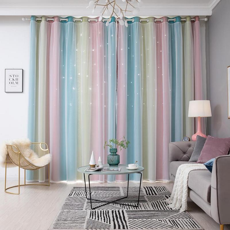 

Curtain & Drapes 100x250CM Romantic Rainbow Color Sheer Girl Kids Bedroom Full Blackout Window Hollow Star Home Decor, Grey
