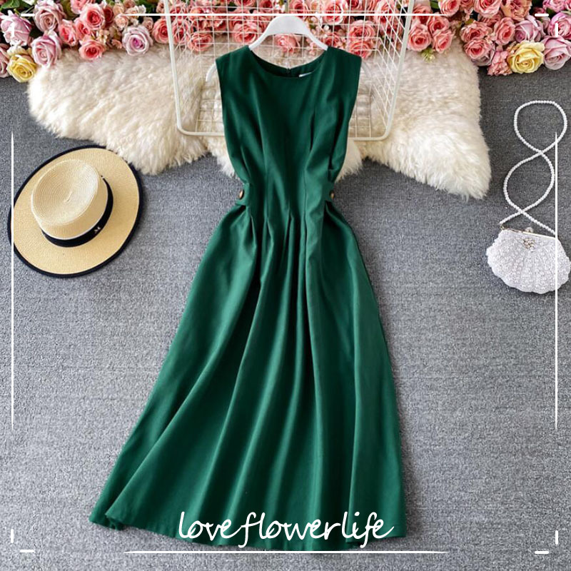 

Summer O-Neck Slim Elegant Dress Women Sleeveless Fashion Solid Color Ladies Long Dress Vintage A-line Dress 210521, White