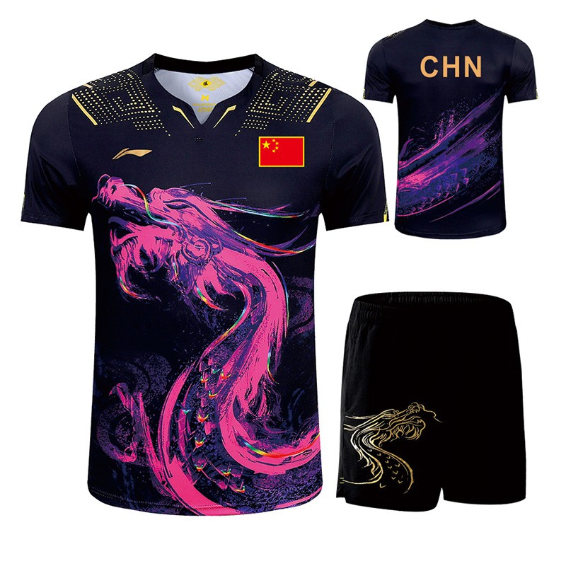 

2020 Tokyo Game Lining CHINA Ma Long Men Table Tennis suits pingpong short shirts Chinese Sport sets table Tennis clothes Women Children CHN, Men black set with flag chn