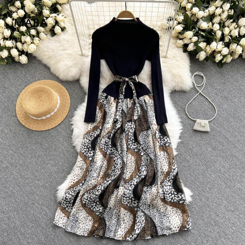 

Casual Dresses Autumn Winter Elegant Print Knitted Patchwork Maxi Dress Women Long Sleeve High Waist Office Streetwear Belt Robe Femme, Black;gray