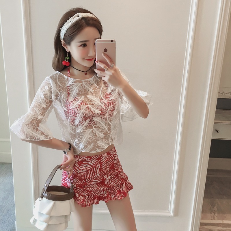 Piece Printed Three Open Back Ruffle Blouse Spring Women&#039;s Swimsuit Bikini-image-678508880