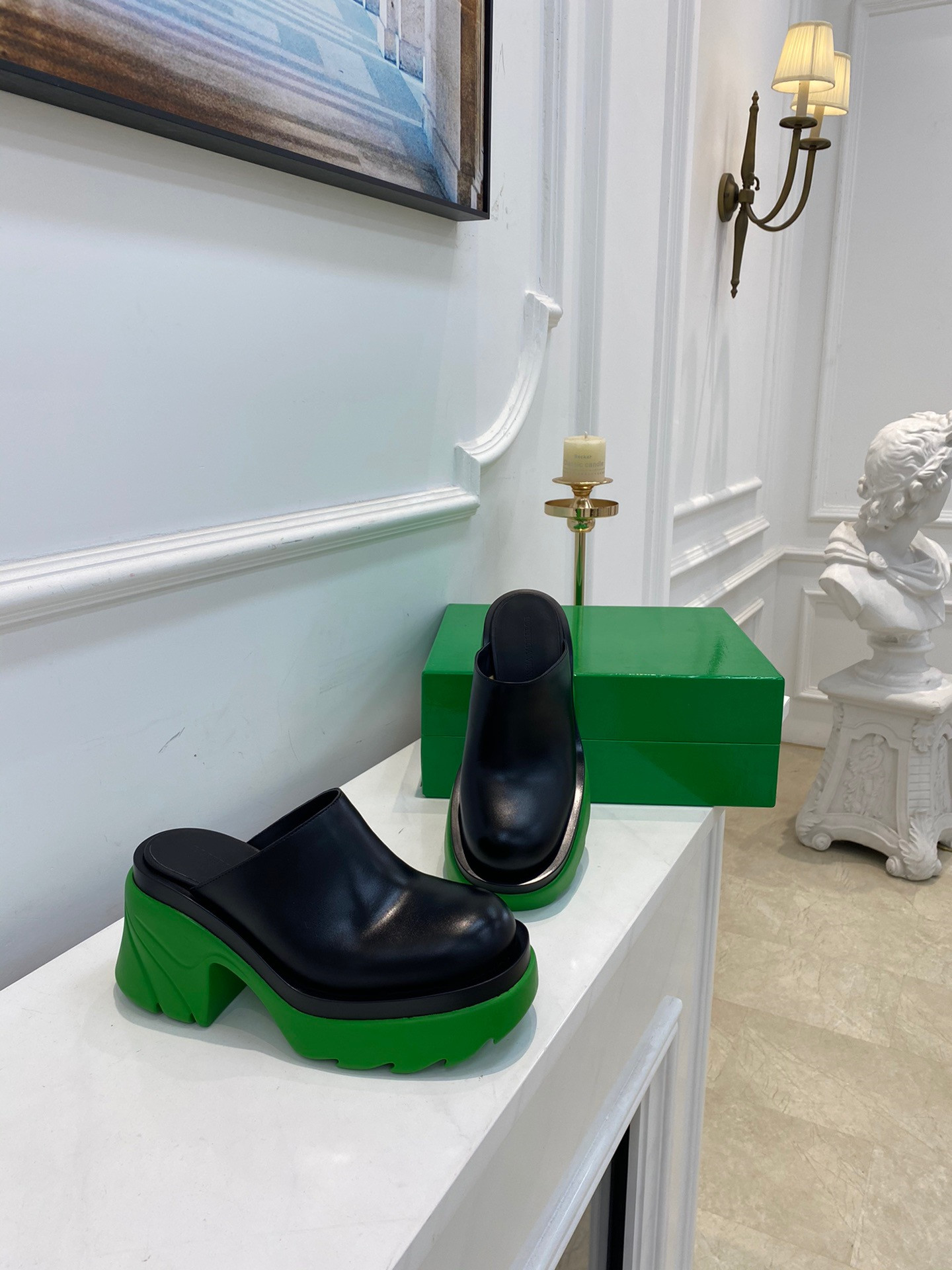 

2022 Vegetable tanned slippers leather garden casual shoes flash Heel 9cm cowhide size 35-41, Blue