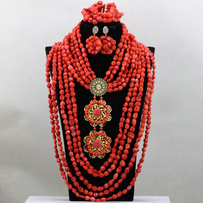 

Earrings & Necklace Exclusive African Nigerian Wedding Coral Beads Jewelry Set Flower Brooch Pendant Statement CNR511, As pic