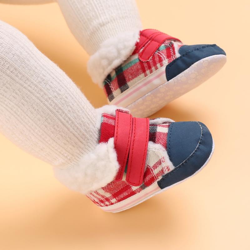 

Boots VALEN SINA Flanging Baby Boy Winter Fashion Lattice Cotton Anti-slip Sole Born Toddler First Walkers Shoes, Black;grey
