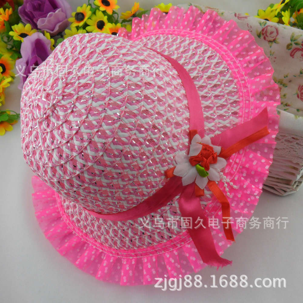 

Children's straw hat spring and summer round dot lace edge ribbon flower children's sun protection Beach Hat, Yellow