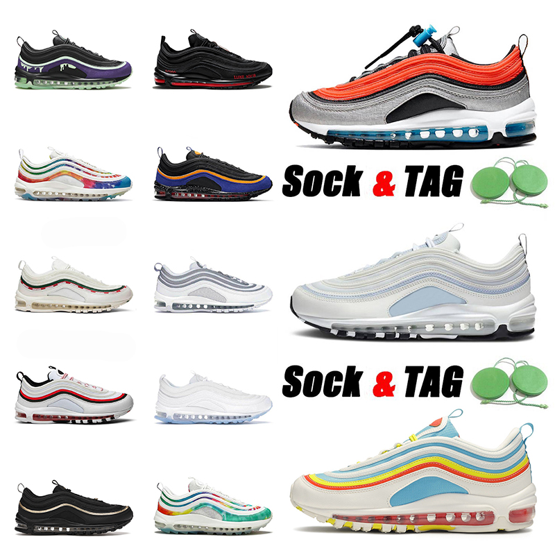 

Top Quality Running Shoes 97s Classic 97 Men Women Sneakers Cushions Ghost Sky MSCHF x INRI Jesus Silver Bullet White Ice Black Gold Satan O, White;red