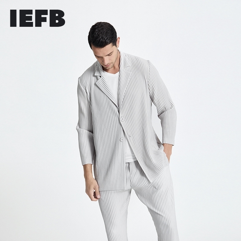 

IEFB Pleated Men's Casual Suit Coat Spring Summer Men's Folded Japanese Streetwear Fashion Blazers Black Grey 9Y6241 210524, Gray