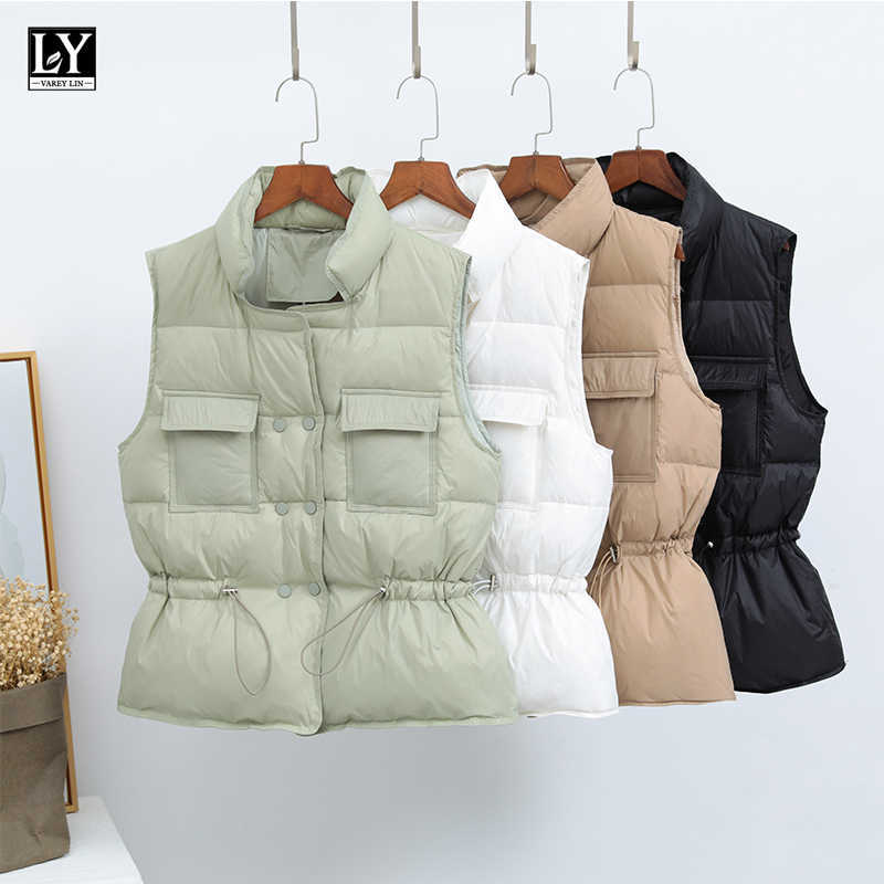 

LY VAREY LIN Down Coats Vest Women Winter Pockets Drawstring Stand Collar Sleeveless Double Breasted Loose Short 210526, White