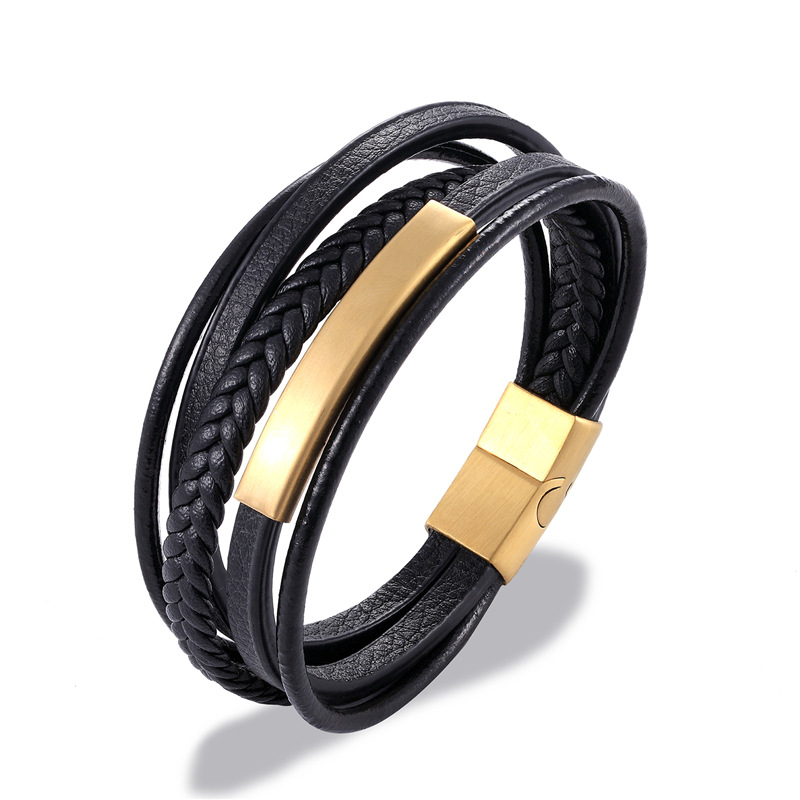 

Glamour Men's Fashion Identification Classic Business Casual Handmade Creative Design Glossy Metal Multilayer Leather Bracelet LinkB
