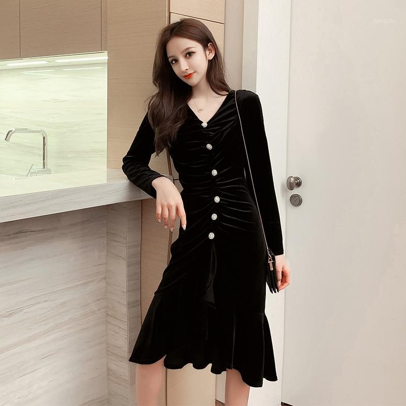 

Casual Dresses Autumn Winter Women' Dress Korean Style Solid Color V-neck Long-sleeved Bottoming Female Fishtail QX922, Black