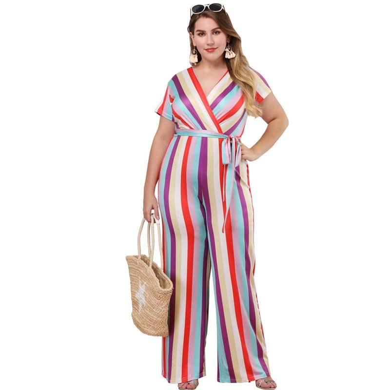 

Women's Jumpsuits & Rompers Summer Clothing Striped Jumpsuit Short Sleeve V-neck Sexy With Lacing Loose Flare Pants Comfortable Plus Size
