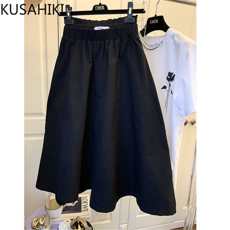 

Skirts Womens Summer Causal A-line Bottoms Korean Stretch High Waist Skirt Faldas Largas Mujer 6J311 210603, Black