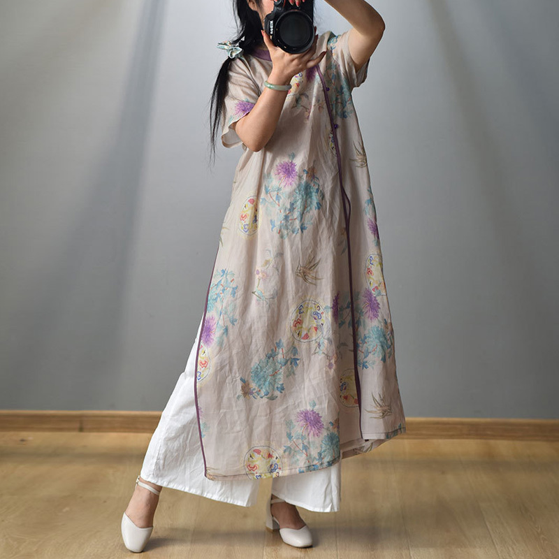 

Johnature Women Vintage Ramie Stand Dresses Print Floral Summer High Quality Short Sleeve Button Female Chinese Style Dress 210521, Color 4