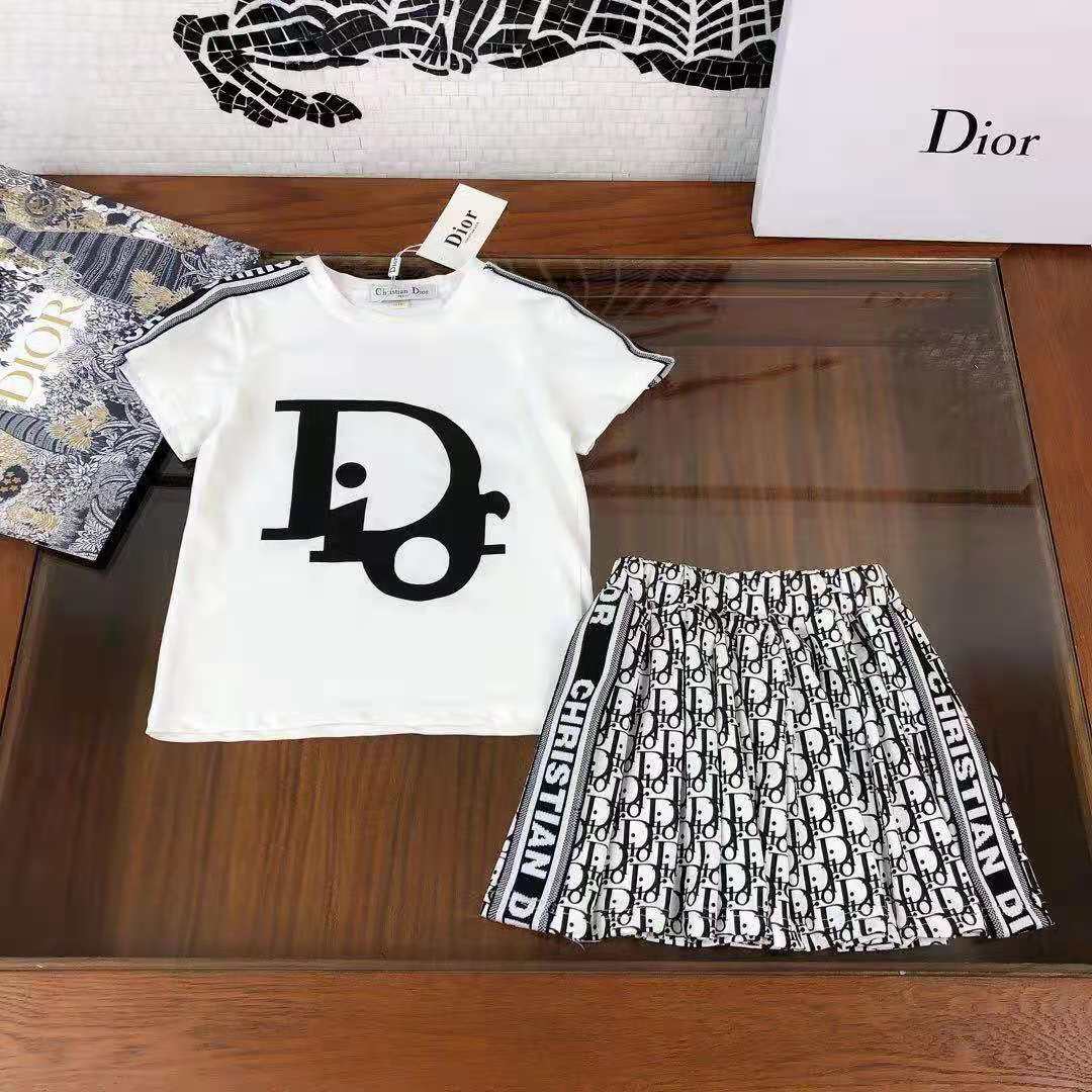 

baby girl summer clothe set black t-shirt+skirt 2 pieces kid fashion designer beach clothing 110-160 cm teenager toddler sets, White