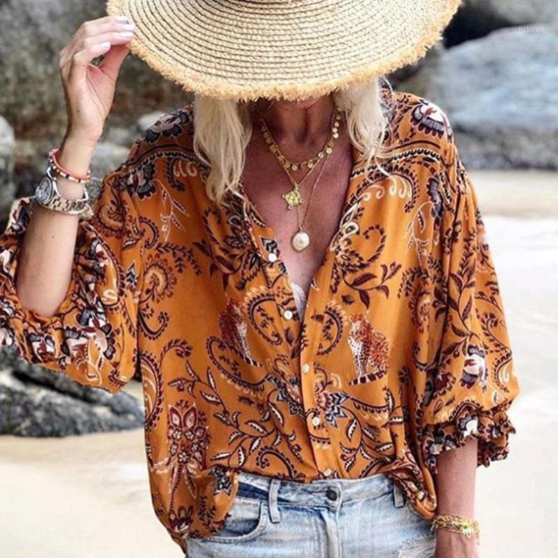 

Womens V Neck Casual Floral Print Tunic Long Sleeve Button Down Shirt Tops Women' Swimwear, Orange