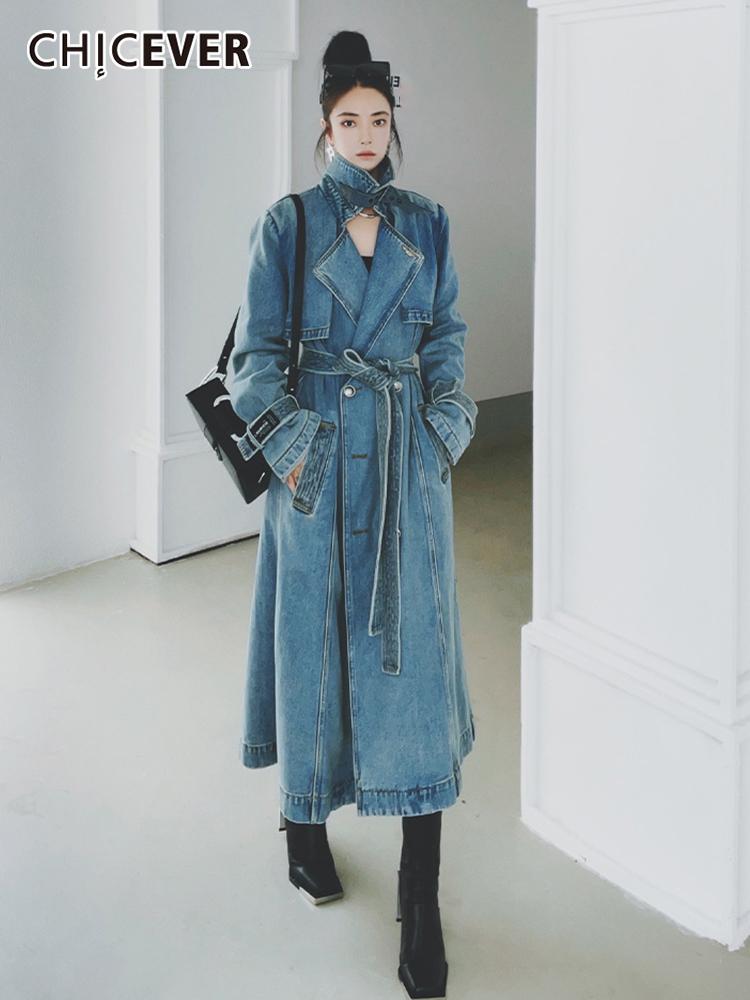 

Women's Trench Coats CHICEVER Vintage Blue Denim For Women Stand Collar Long Sleeve Lace Up Straight Loose Jackets Female Autumn 2021 Clothi, Tan;black