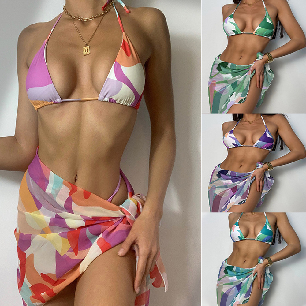 2021 swimsuit combination color sexy backless bikini three piece set European and American export tie spot-image-707106700