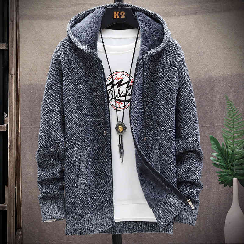 

Solid Mens Sweater Coat Warm Casual Thick Coat Plus Velvet Sweater Cardigan Streetwear Jacket Men Hoodies Knitted Ribbed Hem 210524, Light gray