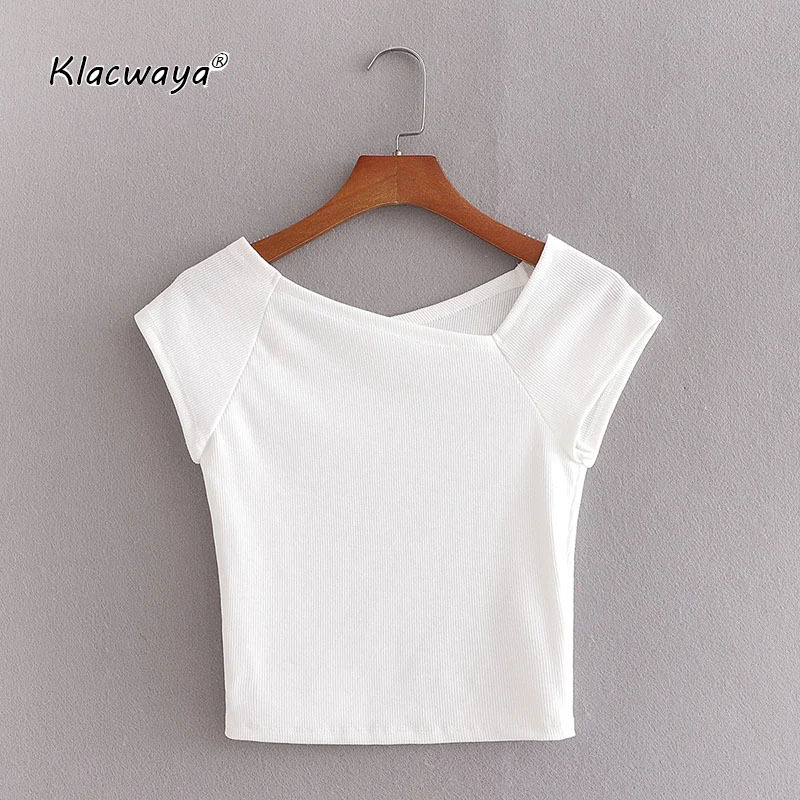 

Women Summer Stylish Stretchy Slim Cropped Ribbed Tank Skew Collar Short Sleeve Female Sxey Shirts Chic Tops Mujer 210521, White