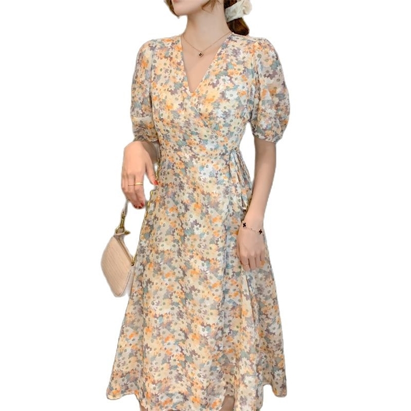 

Fashion dress female printed V-neck chiffon small daisy French floral summer 210520