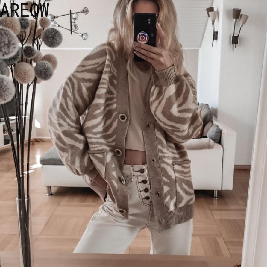 

2021 new spring autumn oversized sweater leopard cardigan casual loose female knitted v-neck jumper fall women clothing, Black