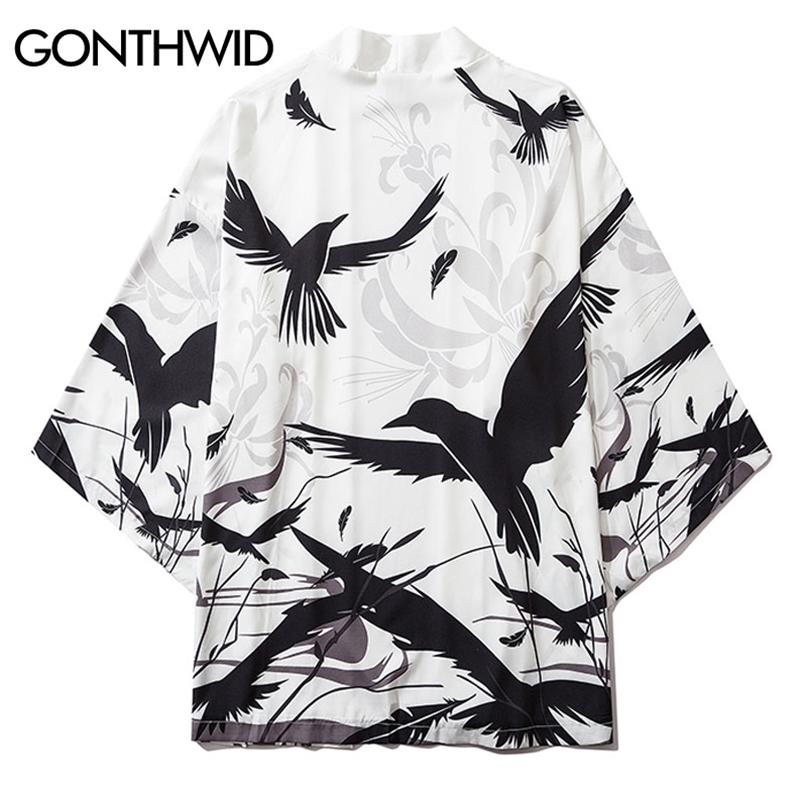 

GONTHWID Mens Raven Crow Bird Print Japanese Kimono Cardigan Jacket Tops Shirts Streetwear Harajuku Hip Hop Casual Loose Coats 211110, White