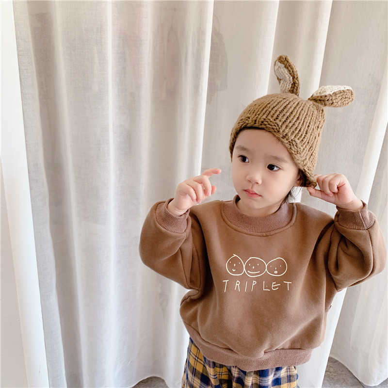 

Autumn Winter Baby Girl Lining Fleece Casual Sweatshirts Korean style Children Cartoon Loose Tops Clothes 210615, Beige