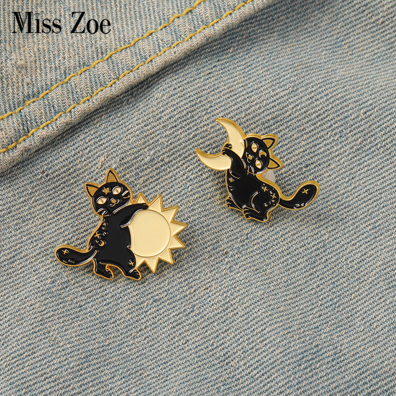 

Mysterious Night Enamel Pins Custom Sun Moon Stars Gothic Cats Lover Brooches Lapel Badges Bag Punk Dark Jewelry Gift for Kids