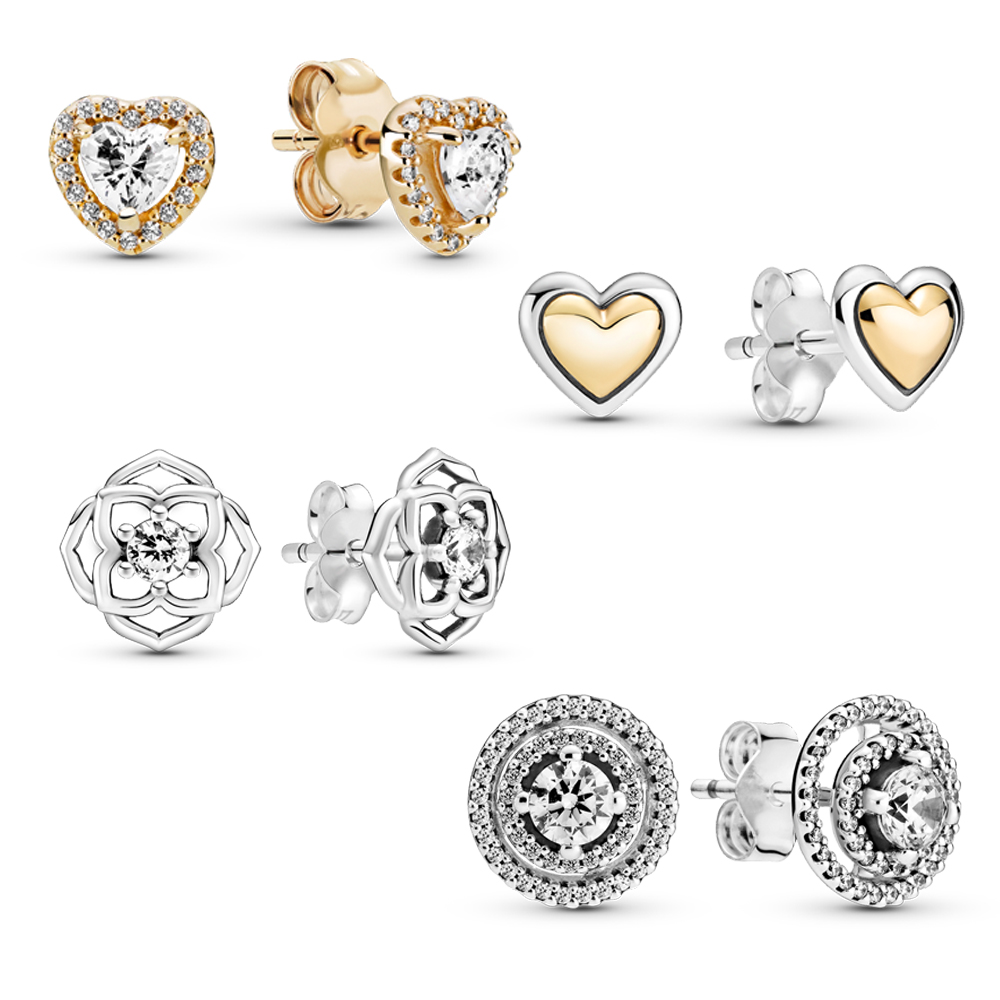 

S925 Silver Women's Stud Earrings Geometry Zirconia Cute Blue Stone Minimalism Piercing for Pandora Original, Golden;silver