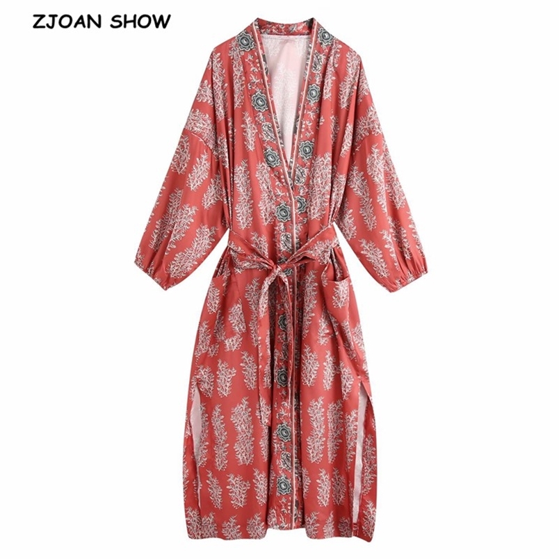 

Bohemian V neck Grass Floral Print Long Kimono Shirt Ethnic Lacing up With Sashes BOHO Cardigan Tie Bow Blouse Tops 210429, Red