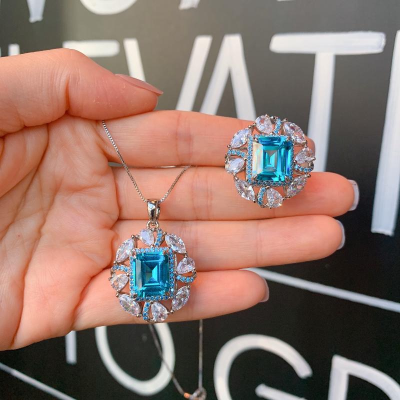 

Earrings & Necklace EYIKA Fashion Chic Blue Crystal Zircon Gemstone Ring & Pendant Jewelry Set For Women Silver Color Wedding Party