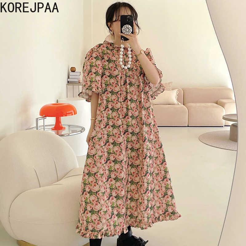

Korejpaa Women Dress Summer Korean Chic Female Western Style Retro Round Neck Pleated Puff Sleeve Fungus Floral Vestidos 210526, Mixed