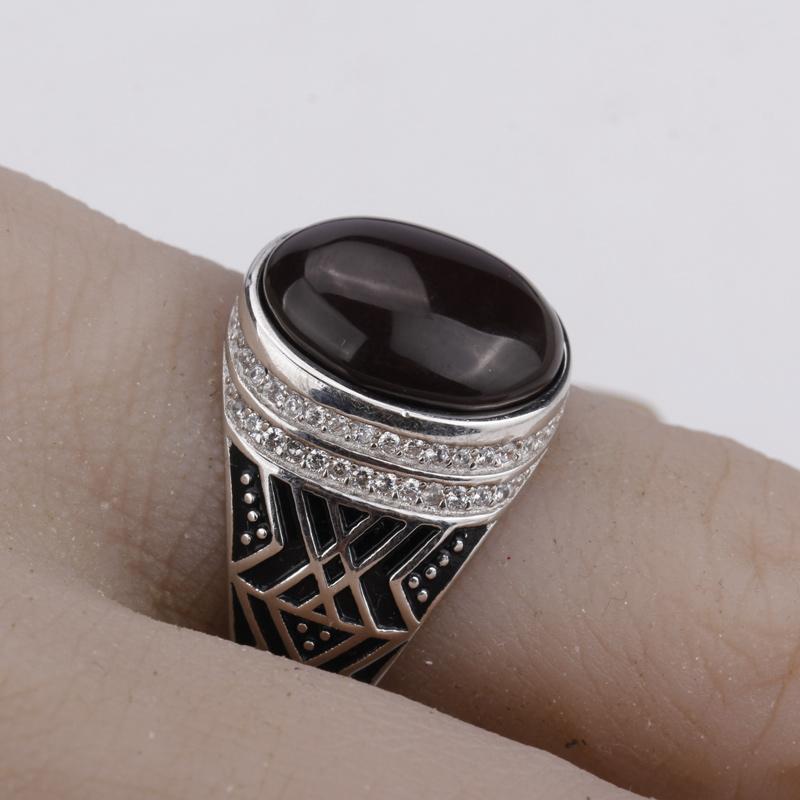 

Cluster Rings 925 Sterling Silver Men Finger Ring With Dark Brown Agate Stone Punk Big Onxy Clear CZ Fine Wedding Jewelry