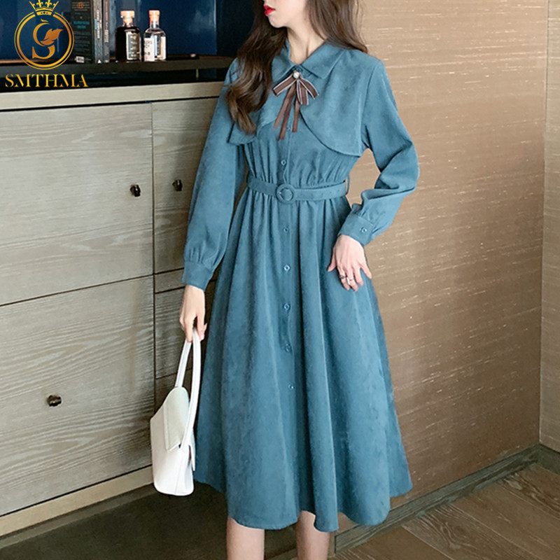 

Spring Turndown Collar Lace-Up Corduroy Long Sleeves Dress Women Elegant Solid Colour Female A-Line Ladies Midi Vestidos 210520, Photo color