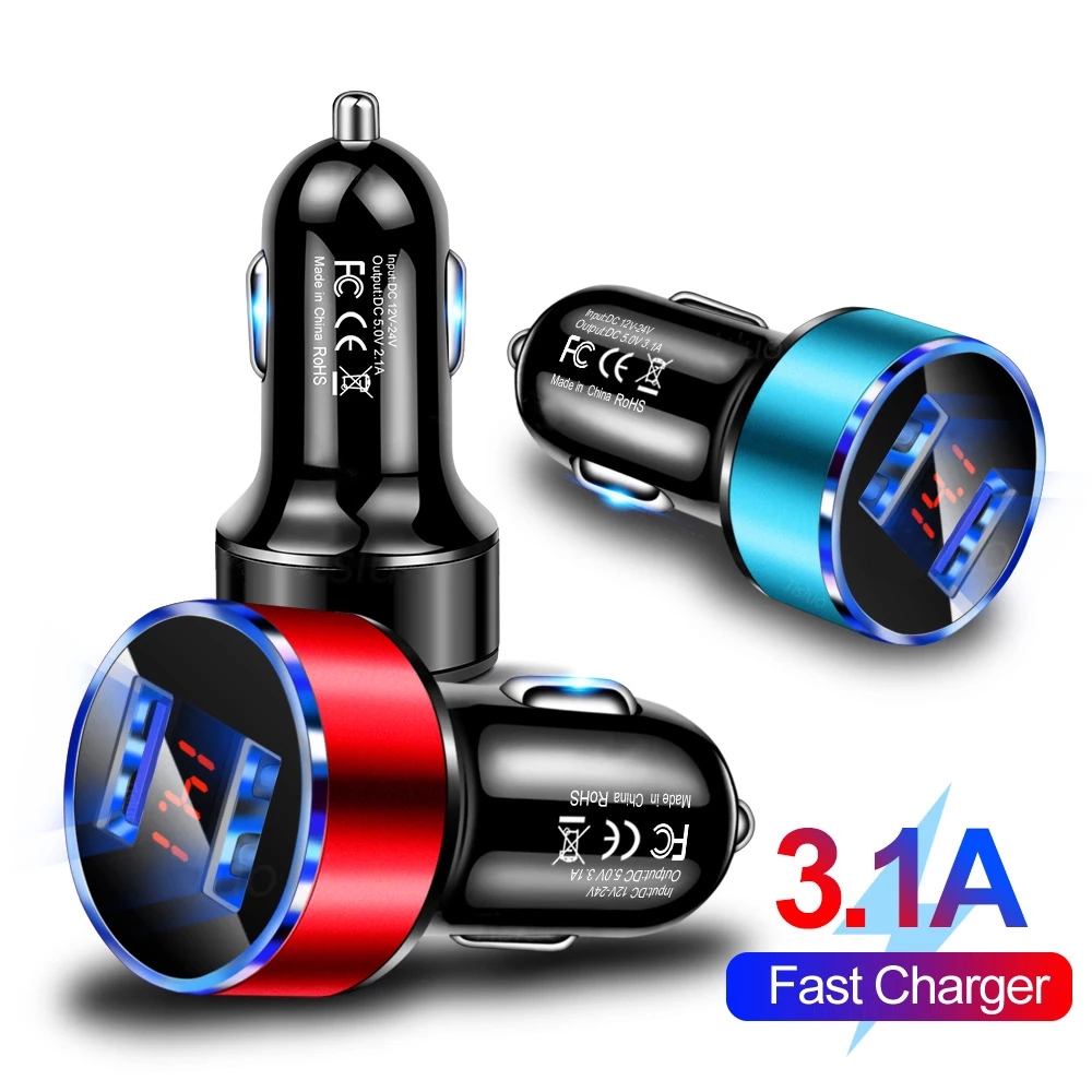 

Car Charger USB 2 Port Quick Adapter Cigarette Lighter LED Display For iPhone 11 Xiaomi Huawei