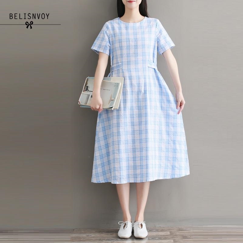 

Mori Girl Cotton Linen Dress Fashion Women Short Sleeve Blue Plaid Dresses Female Summer Vintage Vestidos Tunics 210520, Sky blue