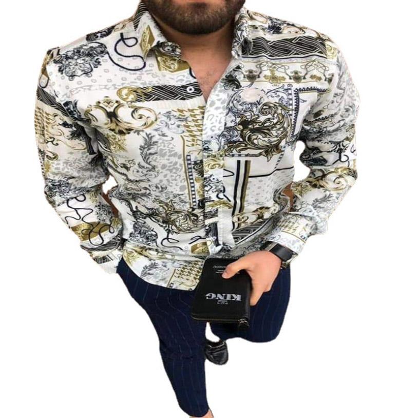 

fall men retro white gray mix color print Shirt loose Casual long Sleeves Printed tunic Shirts Plus size Blouses, As picture
