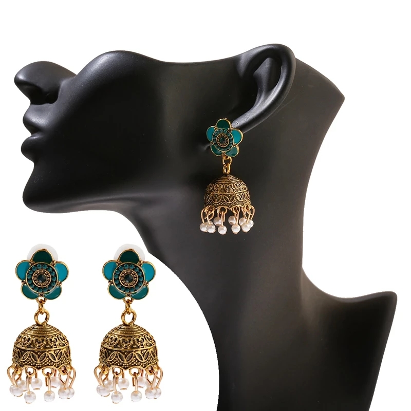 

Boho Green Flower India Ethnic Dangle Earrings For Women Female Charms Pearl Beads Wedding Earrings Jewelry Accessory