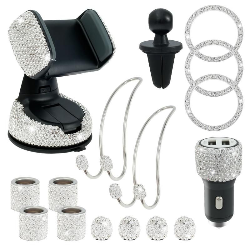 

Interior Decorations 15 Pcs Car Bling Accessories Set For Women Ignition Ring Head Rest Rings Tire Valve Covers Dual USB Charger