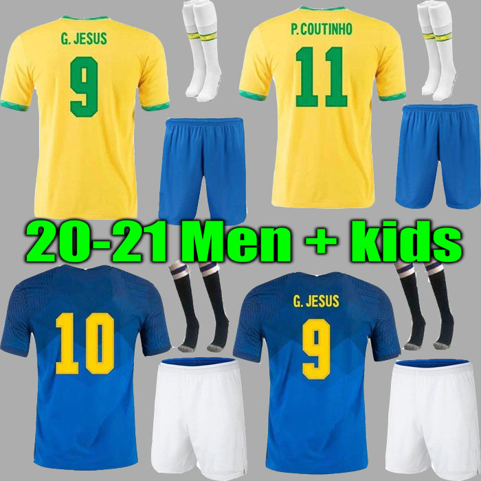 

KITS BRASI G.JESUS COUTINHO soccer jersey 2021 camiseta de futebol BraziLS FIRMINO NERES 20 21 football shirt Men + Kids kit set uniforms, 20/21 home