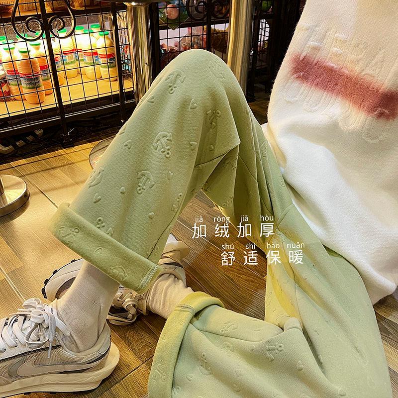 

Men's Pants 2021 Winter Thickened Plush Casual Loose Keep Warm Straight Elastic Waist Trousers Green/black Sweatpants
