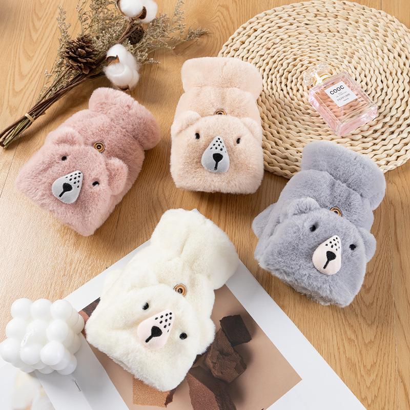 

Five Fingers Gloves Cute Dog Cartoon Fur Mittens Winter Women Girl Animal Ear Flip Plush Wrist Half Fingerless Thicken Warm Mitten, Blue;gray