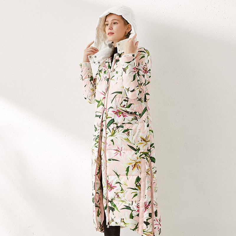 

leather Hooded Long Outerwear Winter Overcoats Women Elegant Floral Print Thick Duck Padded Casual Warm Down Coats Ladies, Black