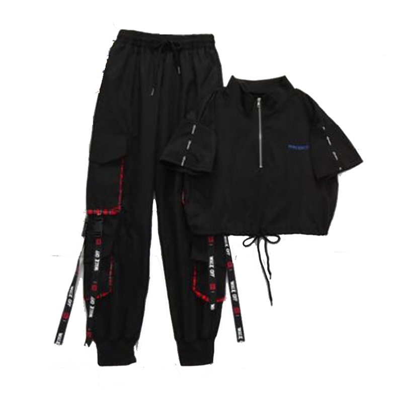 

Autumn Women High Waist Cargo Pants Cool Girls Handsome Two-Piece Pant Streetwear Cargo Pants Black Ankle Length Elastic 210721, T shirt