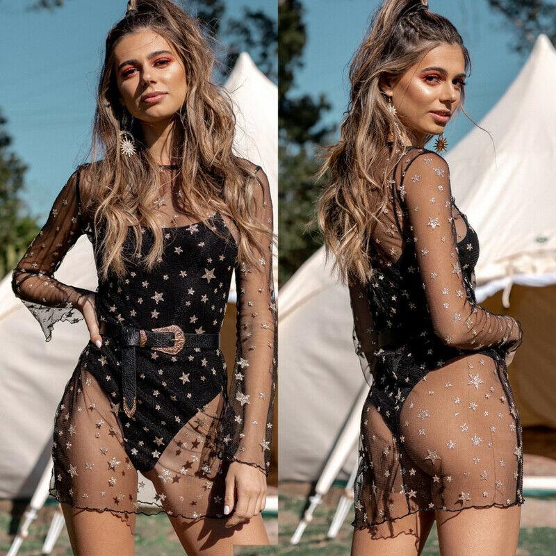 

Women Sheer Mesh Bikini Cover Up Transparent Long Sleeve Mini Beach Dress Swimwear Summer Bathing Suit Sundress Sarongs