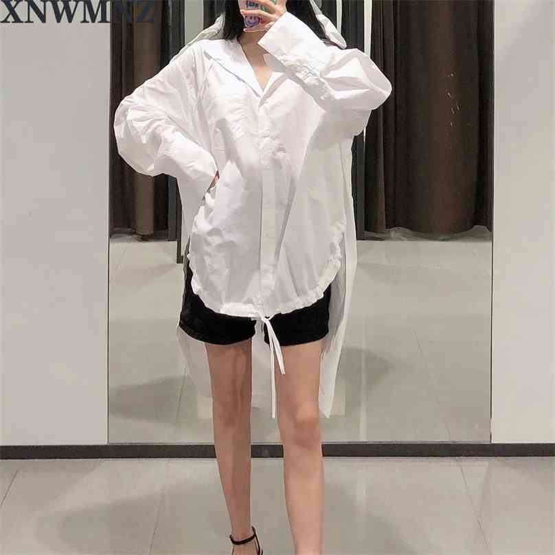 

Wide Long Shirt Autumn Fashion Sleeve Hooded Top Women White Cotton Shirts 210520